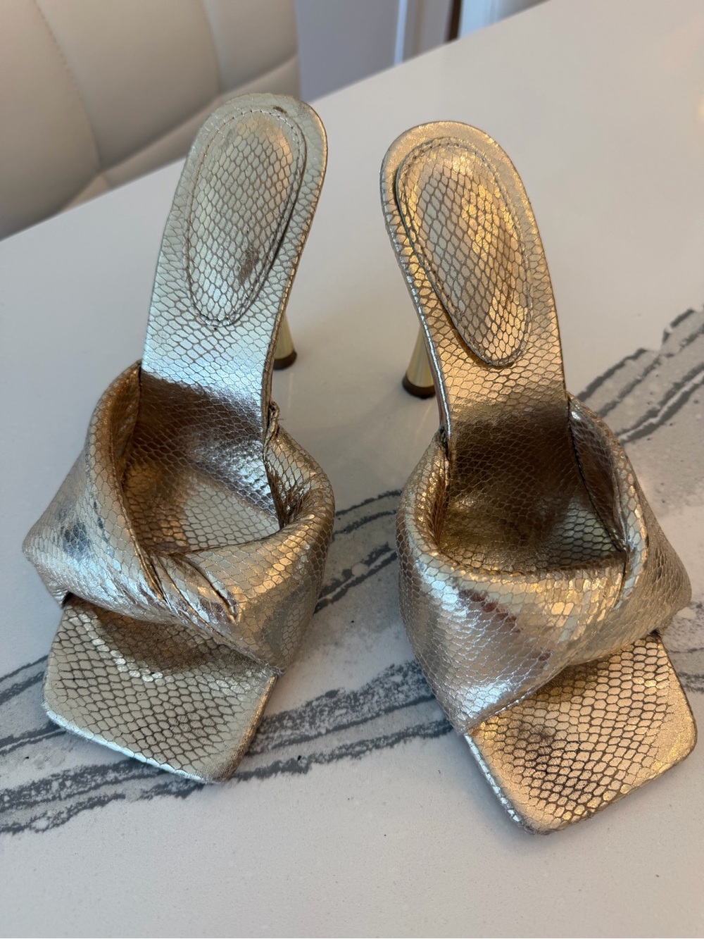 Metallic Gold Snake-Texture High Heel Mules